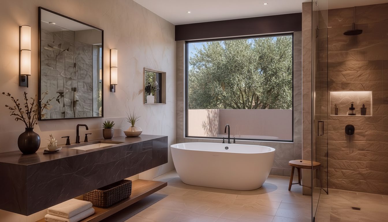 Remodeled spa bathroom with a freestanding tub, dual vanity, and walk-in shower