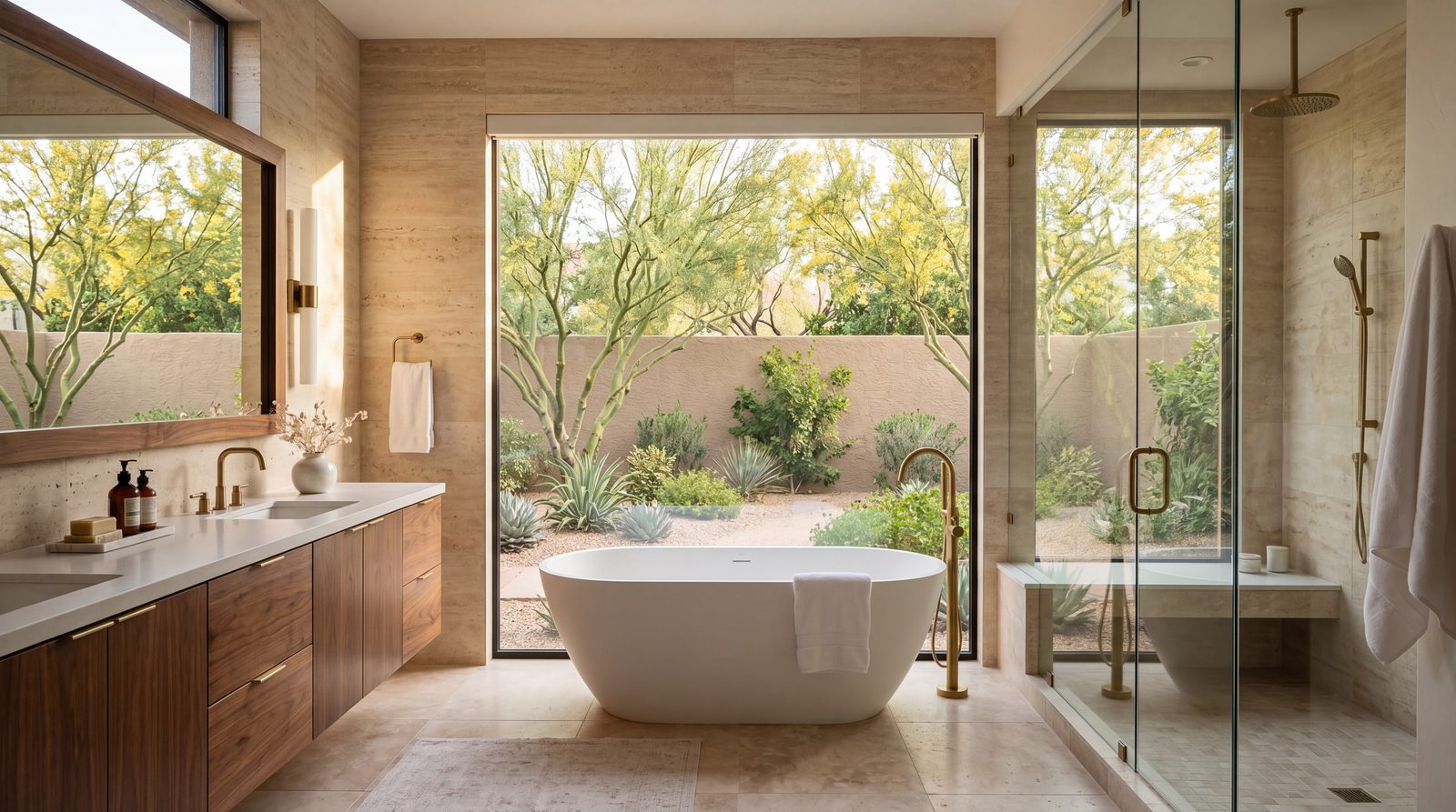 Spa bathroom opening to a private desert courtyard