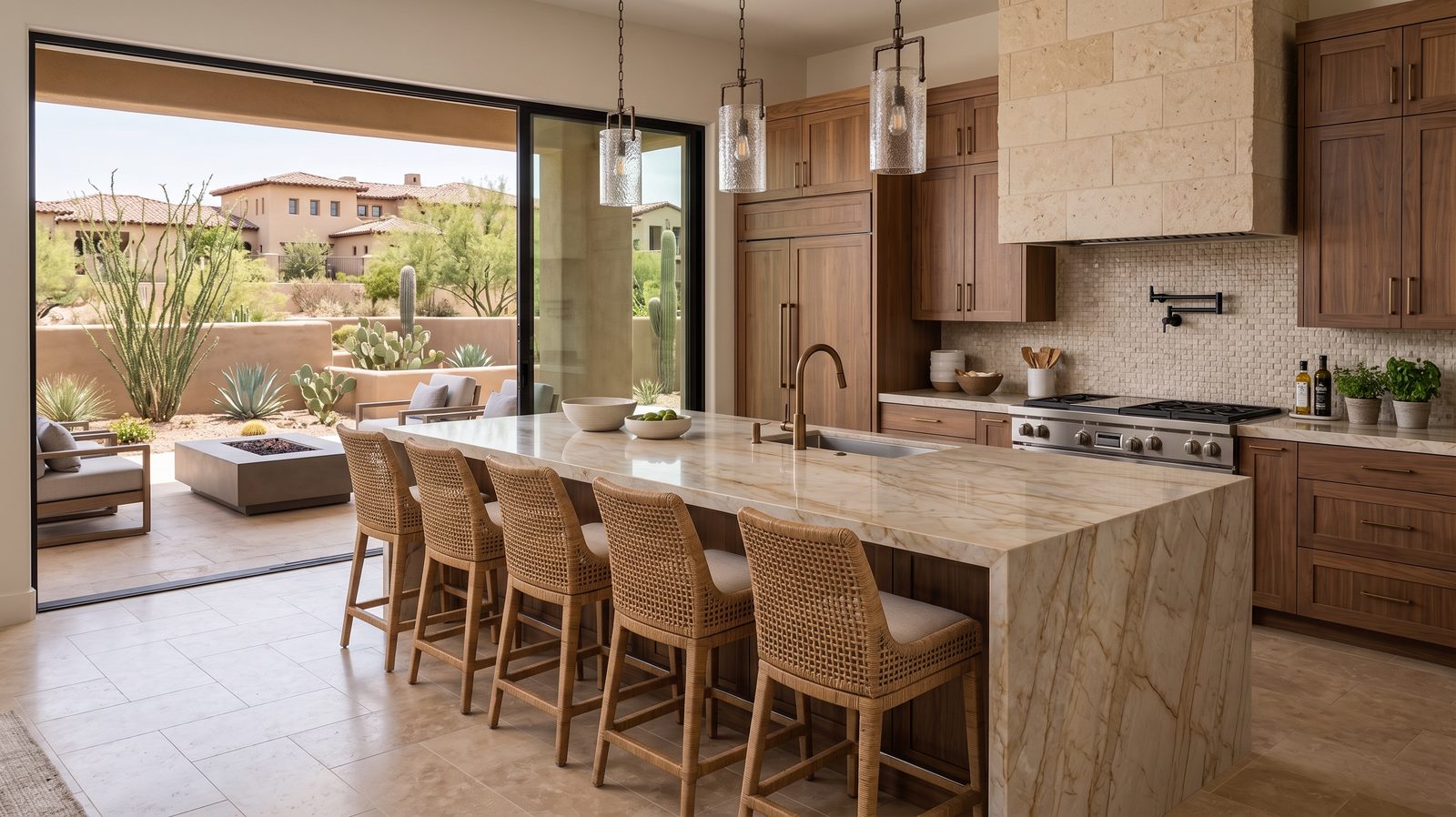 Chef's kitchen with a large island opening to a covered desert patio