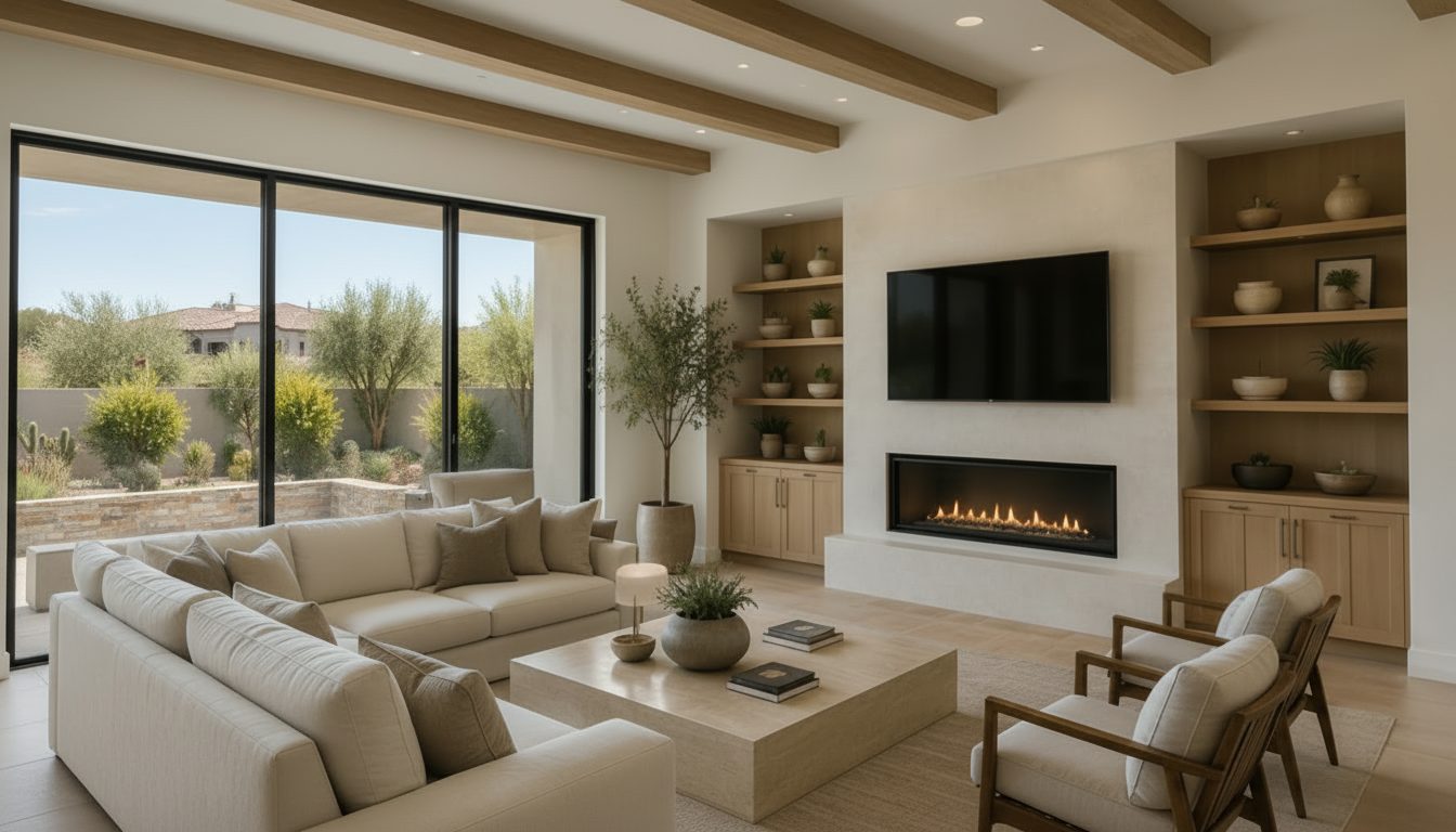 Open-concept great room with a linear fireplace and desert views