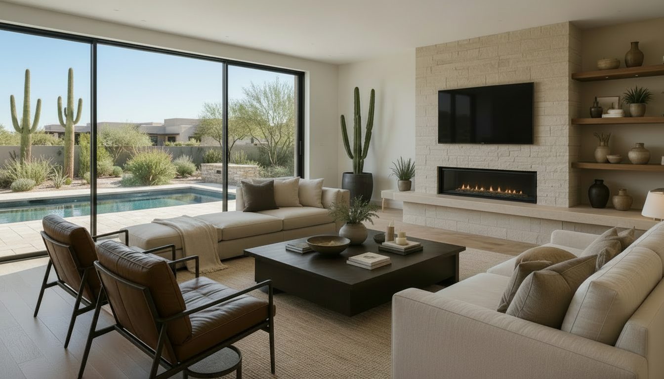 Living room with a fireplace and desert pool view through sliding glass doors