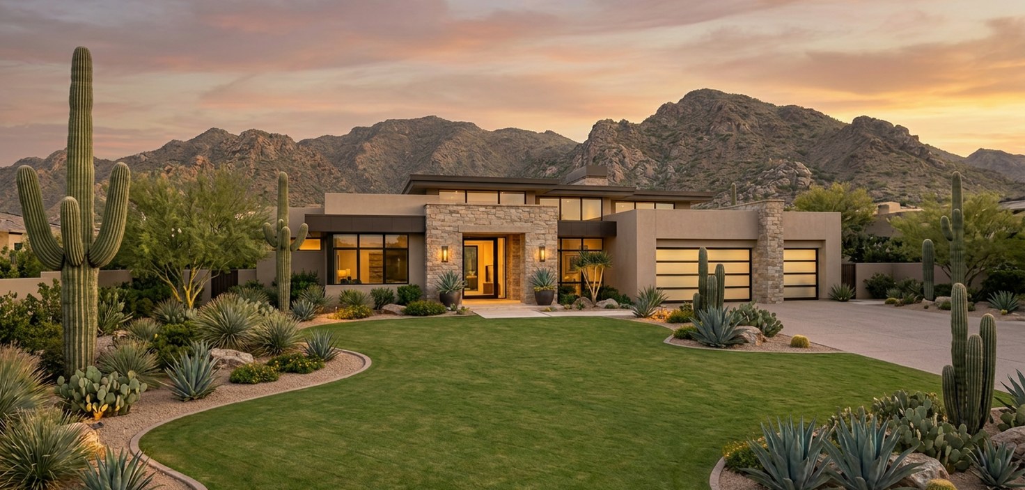 Custom home exterior at sunset